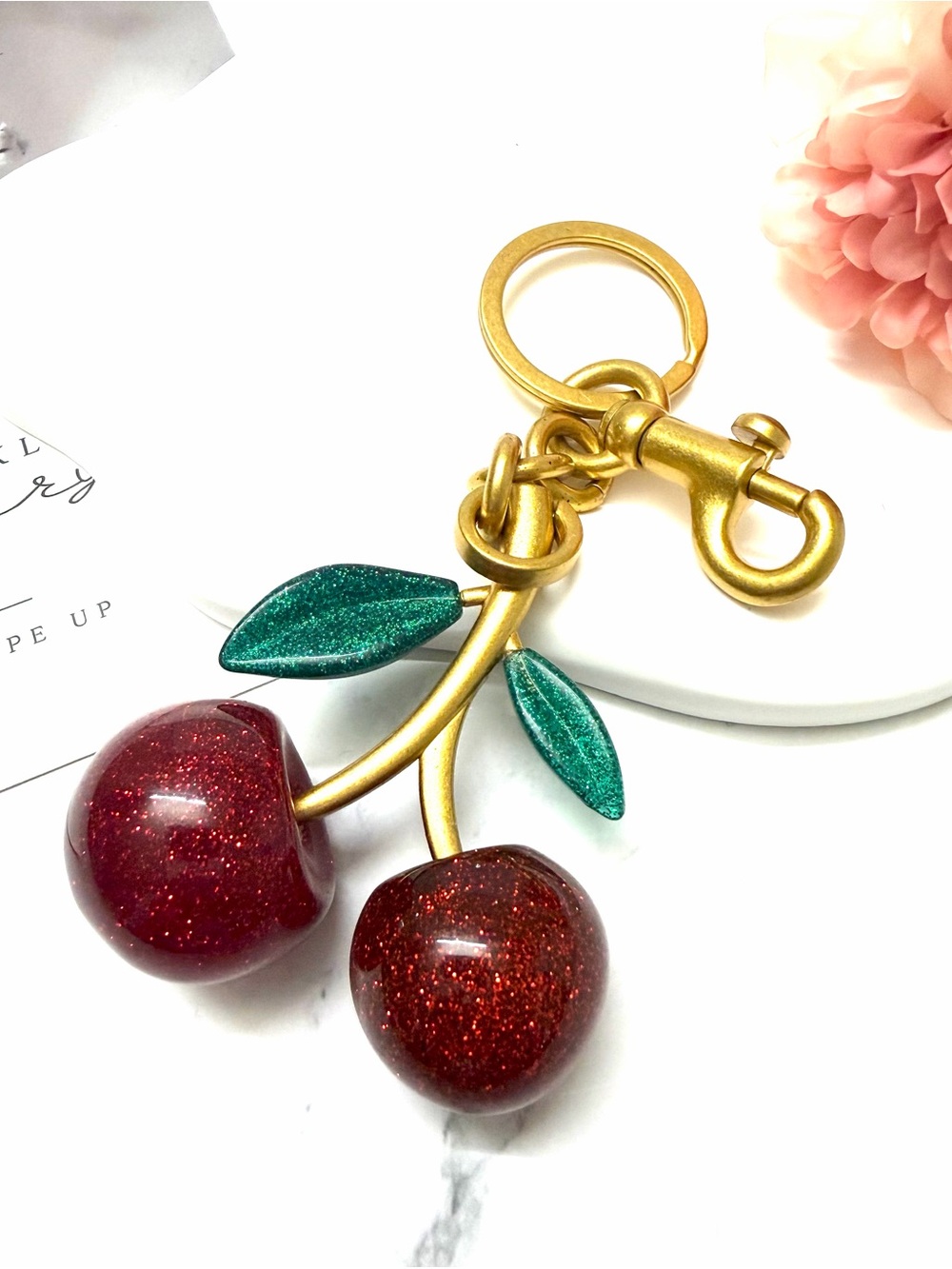 Gold Cherry Keychain / Bag Charm with Red Glitter Cherries